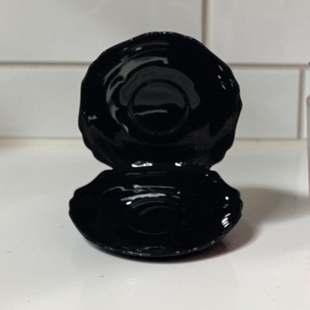 LE Smith Black Amethyst Teacup Saucers, Set of 2, Vintage Mt. Pleasant Design